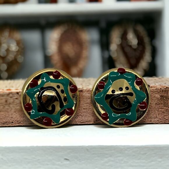 Vintage Metal Clip-On Earrings – Gold, Red, Green & Black, 1" x 1", Retro Design - Picture 1 of 10
